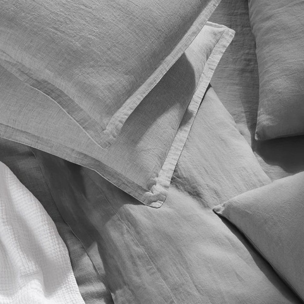 Riley Home 100% Linen King Fitted Sheet 2 Pillowcases Grey White Portugal OEKO